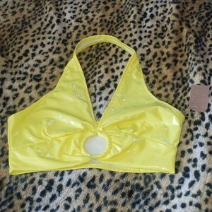 NWT BRIGHT YELLOW PATENT PEEKABOO CROP HALTER S DOLLS KILL PVC JIREN
